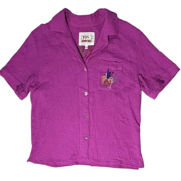 Johhny Was Biya Camp Shirt Womens XL Pink Desire Love Heart Floral Gauze Top - Picture 13 of 13